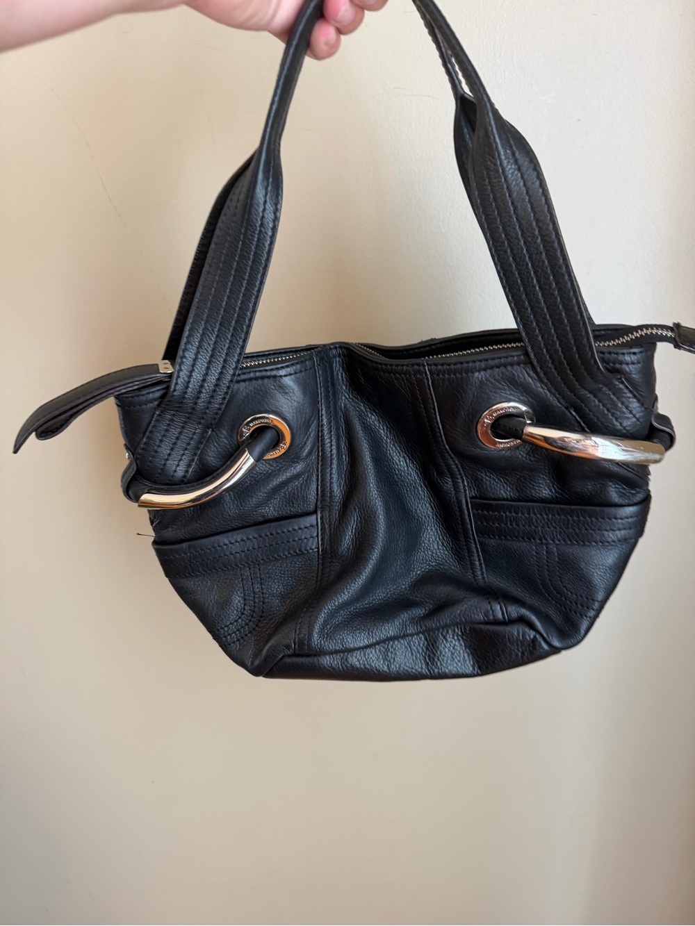 B. Makowsky Black Pebble Leather Handbag Purse Satchel Double Handle Shoulder